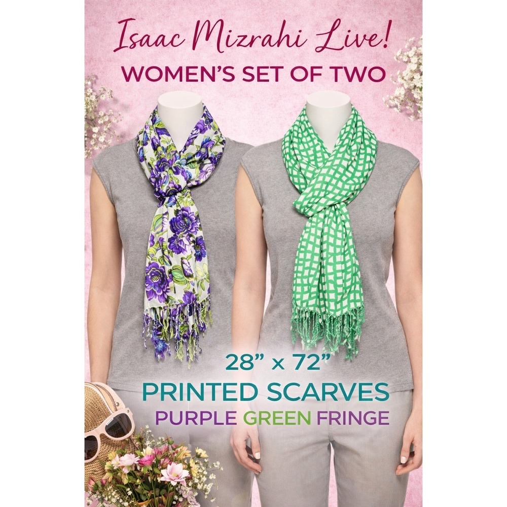 Isaac Mizrahi Live! Womens Set of 2 Printed Scarves Purple Green Fringe 28x72